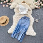 2Piece Set  Summer Women'S Short Tank Top Pleated Lace Up Vest Irregular Split Denim Skirt