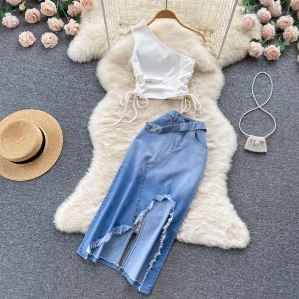 2Piece Set  Summer Women'S Short Tank Top Pleated Lace Up Vest Irregular Split Denim Skirt